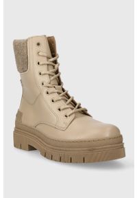 TOMMY HILFIGER - Tommy Hilfiger botki skórzane FEMININE FELT LACE UP BOOTIE damskie kolor beżowy na płaskim obcasie ocieplone FW0FW07500. Zapięcie: sznurówki. Kolor: beżowy. Materiał: skóra. Obcas: na obcasie. Styl: klasyczny. Wysokość obcasa: niski #4