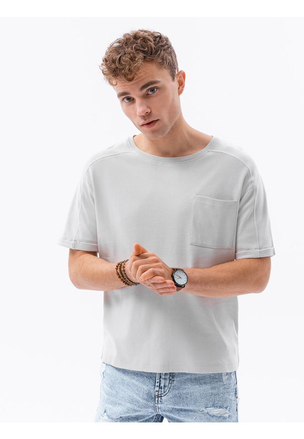 Ombre Clothing - T-shirt męski bawełniany S1386 - jasnoszary - XXL. Kolor: szary. Materiał: bawełna