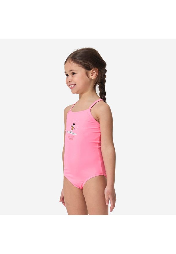 Kostium kąpielowy jednoczęściowy surfingowy dla dzieci Decathlon 100 Hanalei. Kolor: różowy. Materiał: materiał, poliester, elastan