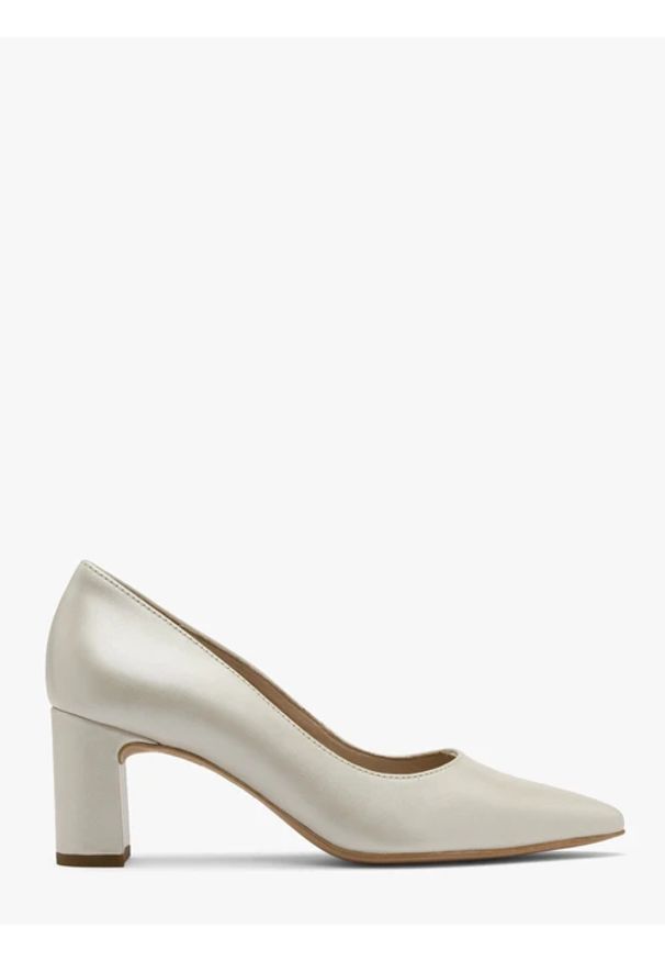 Ryłko - Perłowe czółenka na słupku. Nosek buta: okrągły. Kolor: beżowy. Materiał: skóra. Obcas: na słupku. Styl: street. Wysokość obcasa: średni