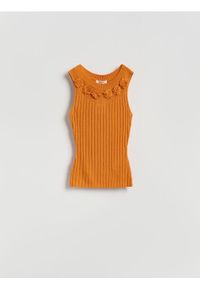 Reserved - Top z ozdobnymi kwiatami - pomarańczowy. Kolor: pomarańczowy. Materiał: dzianina, len. Wzór: kwiaty #1