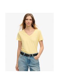 Superdry - Koszulka z haftem V w slubie.. Kolor: żółty. Materiał: bawełna. Wzór: haft #1