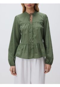 Reserved - Bawełniana koszula z falbaną - ciemnozielony. Kolor: zielony. Materiał: bawełna #1