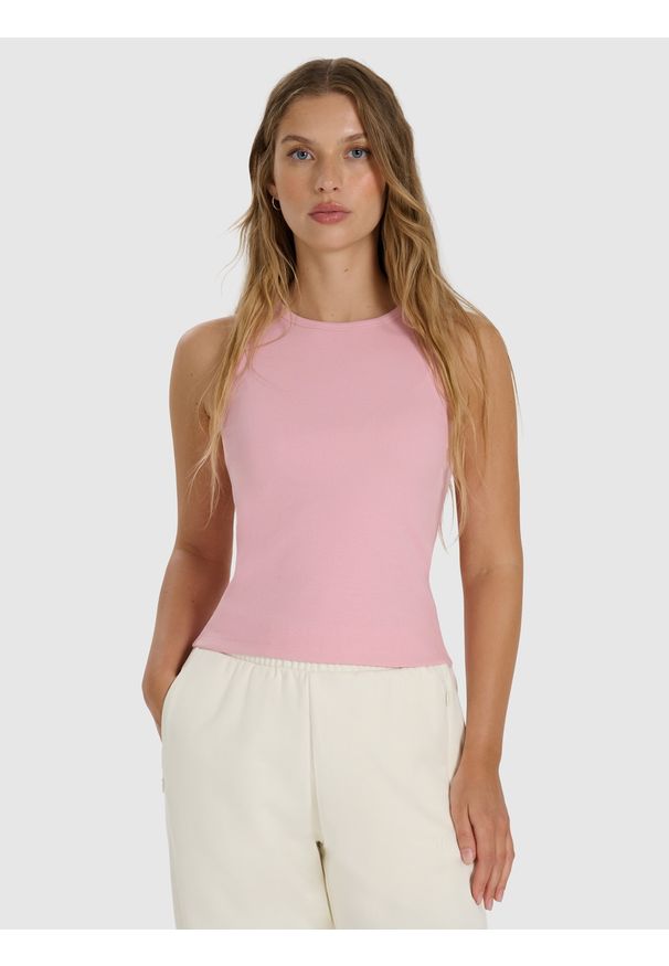 4f - 4F Top slim gładki damski - różowy S. Kolor: różowy. Materiał: jersey, dzianina, materiał, bawełna, elastan. Wzór: gładki