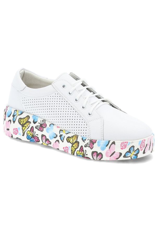 Białe Sneakersy Artiker Modne Obuwie Damskie Z Kolorową Podeszwą. Okazja: na co dzień. Kolor: biały. Materiał: materiał. Szerokość cholewki: normalna. Wzór: kolorowy