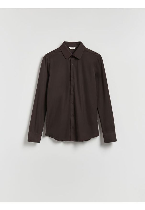 Reserved - Gładka koszula super slim fit - brązowy. Kolor: brązowy. Materiał: dzianina. Wzór: gładki