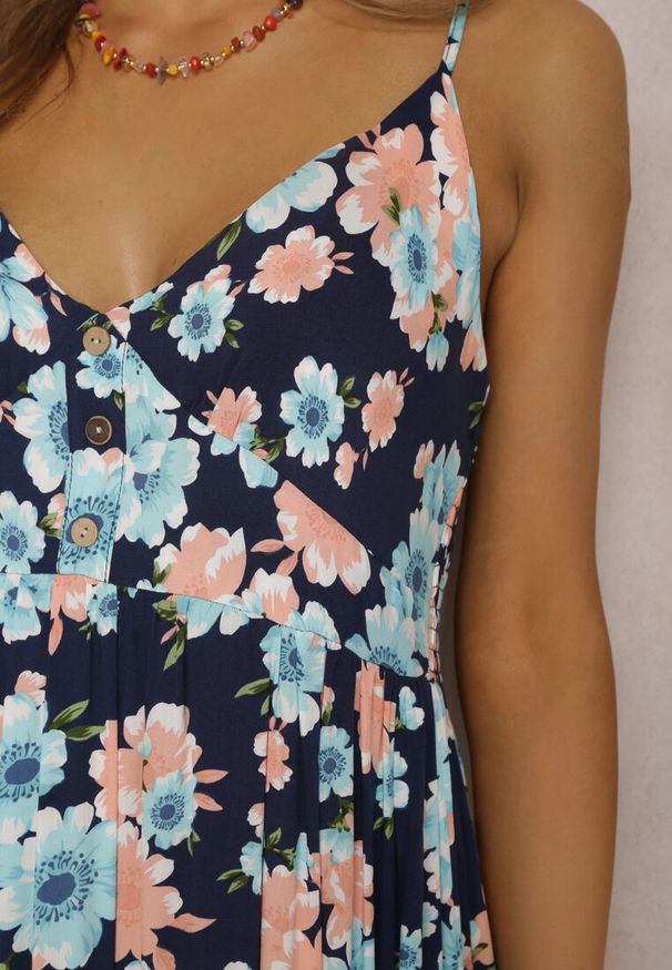 Renee - Granatowa Sukienka Kydatea. Typ kołnierza: dekolt w kształcie V. Kolor: niebieski. Materiał: wiskoza, tkanina. Długość rękawa: na ramiączkach. Wzór: kwiaty, nadruk, kolorowy. Typ sukienki: rozkloszowane. Styl: wakacyjny. Długość: maxi