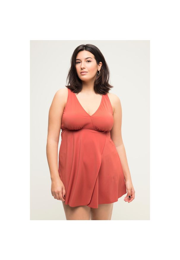 ULLA POPKEN - Damska Góra od tankini miękkie miseczki w kopertowym stylu. Kolekcja: plus size. Kolor: czerwony. Materiał: poliester, elastan, poliamid, materiał