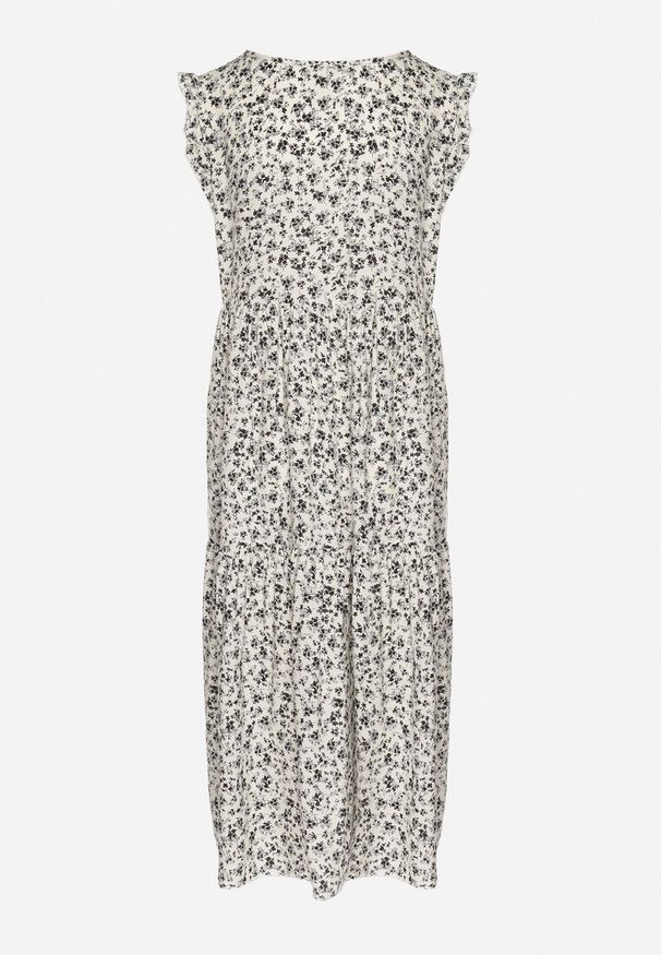 Born2be - Beżowo-Granatowa Bawełniana Sukienka o Rozkloszowanym Kroju z Falbanami i Dekoltem w Serek Ifforine. Okazja: na co dzień. Typ kołnierza: dekolt w serek. Kolor: beżowy. Materiał: bawełna. Styl: casual, elegancki