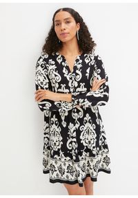 bonprix - Sukienka tunikowa z lejącej wiskozy. Kolor: czarny. Materiał: wiskoza. Wzór: nadruk #1