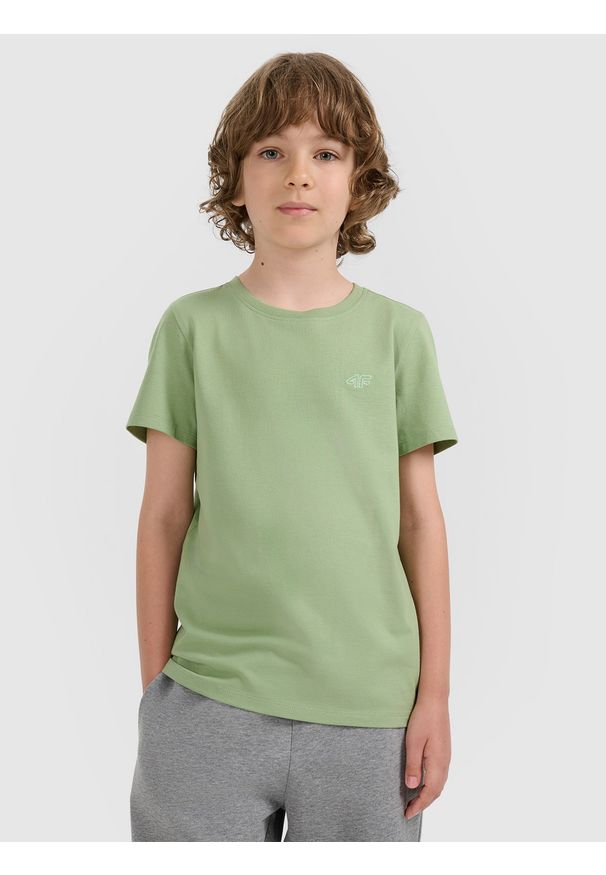 4f - 4F T-shirt regular gładki chłopięcy - turkusowy 122 (6-7 lat). Okazja: na co dzień. Kolor: turkusowy. Materiał: jersey, materiał, bawełna. Długość rękawa: krótki rękaw. Długość: krótkie. Wzór: gładki. Sezon: lato. Styl: młodzieżowy, casual, sportowy, klasyczny