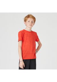 DOMYOS - Koszulka z krótkim rękawem dziecięca Domyos 500. Kolor: czerwony. Materiał: elastan, poliester, materiał. Długość rękawa: krótki rękaw. Długość: krótkie