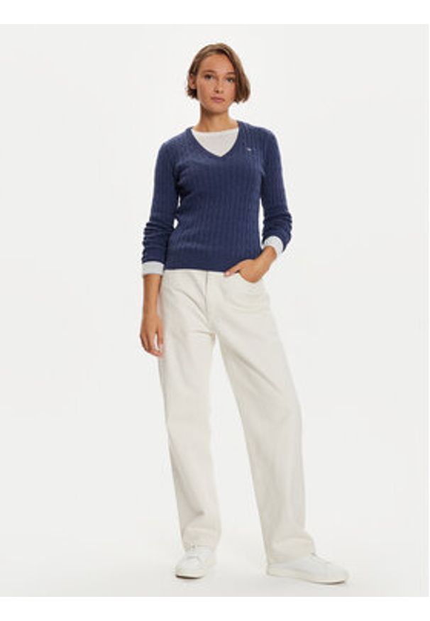 GANT - Gant Sweter 4800101 Granatowy Slim Fit. Kolor: niebieski. Materiał: bawełna