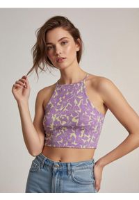 Sinsay - Crop top typu halter w abstrakcyjny wzór - fioletowy. Typ kołnierza: dekolt halter. Kolor: fioletowy #1