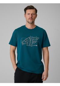 4f - 4F T-shirt regular z nadrukiem męski - turkusowy XXL. Okazja: na co dzień. Kolor: turkusowy. Materiał: dzianina, bawełna, materiał. Wzór: nadruk. Styl: casual #1