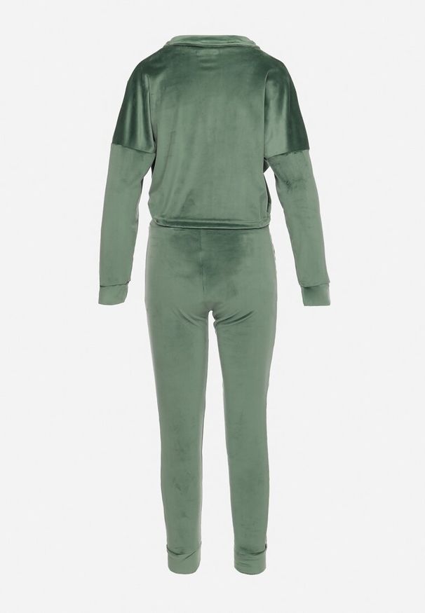 Born2be - Zielony Welurowy Komplet Dresowy Krótka Bluza i Spodnie z Wstawkami w Cętki Kilima. Kolor: zielony. Materiał: welur, dresówka. Wzór: aplikacja