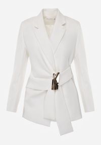 Renee - Biała Marszczona Marynarka Taliowana z Wiskozą z Ozdobą przy Wiązaniu Zynelle. Kolor: biały. Materiał: wiskoza. Wzór: aplikacja. Styl: elegancki #5