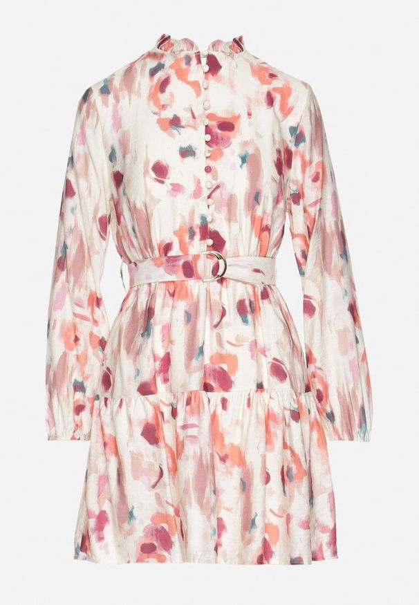 Born2be - Różowa Rozkloszowana Sukienka z Wiskozy z Paskiem w Abstrakcyjny Wzór Stelitte. Okazja: na co dzień. Typ kołnierza: kołnierz z falbankami, kołnierzyk stójkowy. Kolor: różowy. Materiał: wiskoza. Długość rękawa: długi rękaw. Typ sukienki: rozkloszowane. Styl: elegancki, casual