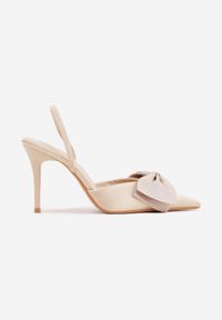 Renee - Beżowe Szpilki o Satynowym Wykończeniu z Aplikacją w Kształcie Kokardy Gihaen. Okazja: do pracy. Kolor: beżowy. Materiał: satyna. Wzór: aplikacja. Obcas: na szpilce #6