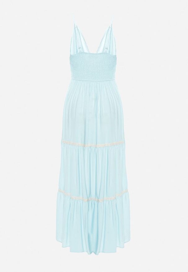 Born2be - Jasnoniebieska Sukienka na Ramiączkach z Gumką w Pasie Zapinana na Guziki z Falbanką i Haftem Tiamavita. Kolor: niebieski. Długość rękawa: na ramiączkach. Wzór: haft. Sezon: lato