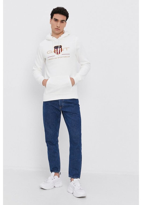 GANT - Gant Bluza męska kolor biały z kapturem z aplikacją. Okazja: na co dzień. Typ kołnierza: kaptur. Kolor: biały. Wzór: aplikacja. Styl: casual