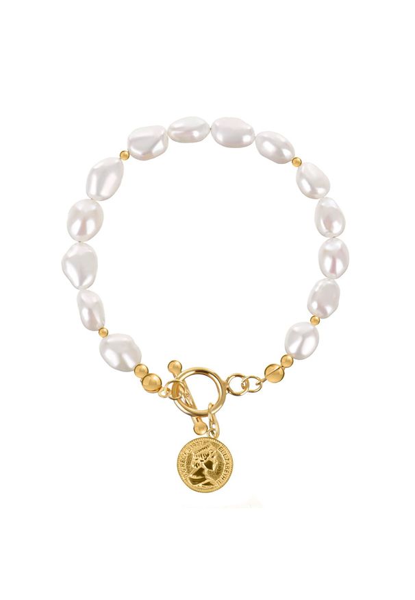 Enaya - TAMOE Bransoletka białe naturalne perły nieregularne monetka. Materiał: pozłacane, złote, srebrne. Kolor: biały. Wzór: aplikacja. Kamień szlachetny: perła