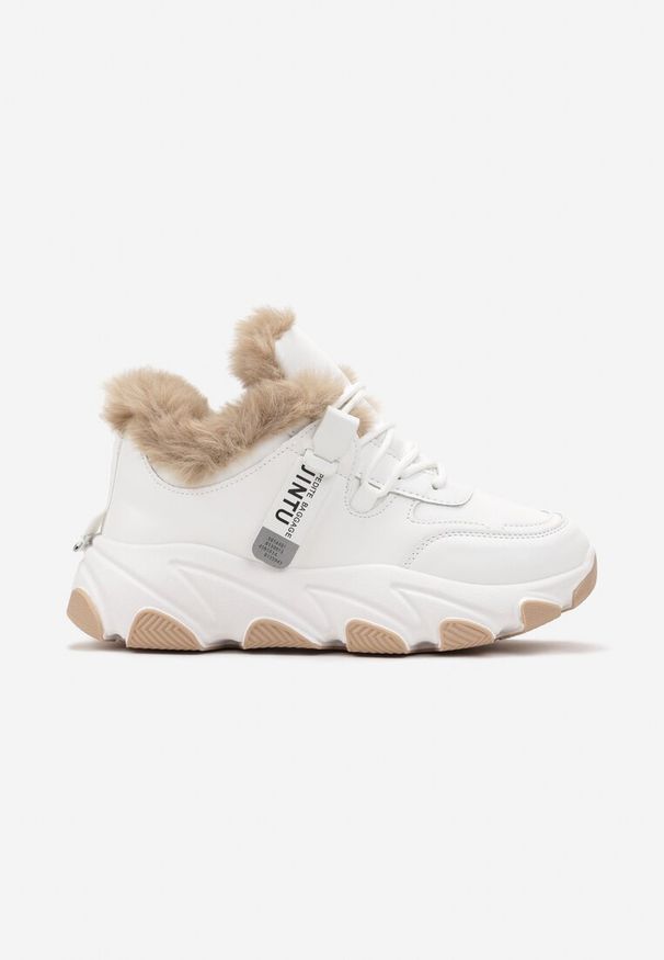 Born2be - Białe Masywne Sneakersy na Grubej Podeszwie ze Sznurowaniem i Futerkiem Getnia. Kolor: biały. Materiał: futro. Szerokość cholewki: normalna