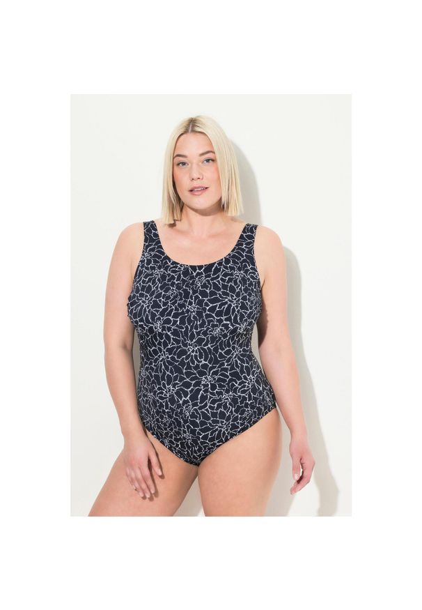 ULLA POPKEN - Damski Kostium kąpielowy kwiaty bez miękkich miseczek. Kolekcja: plus size. Kolor: czarny. Materiał: poliester. Wzór: kwiaty