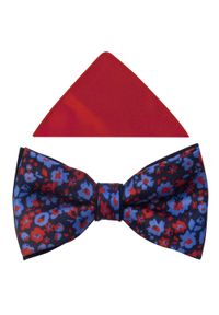 Modini - Granatowa mucha w czerwone kwiaty A296. Kolor: wielokolorowy, czerwony, niebieski. Materiał: bawełna, poliester, tkanina. Wzór: kwiaty. Styl: elegancki #1