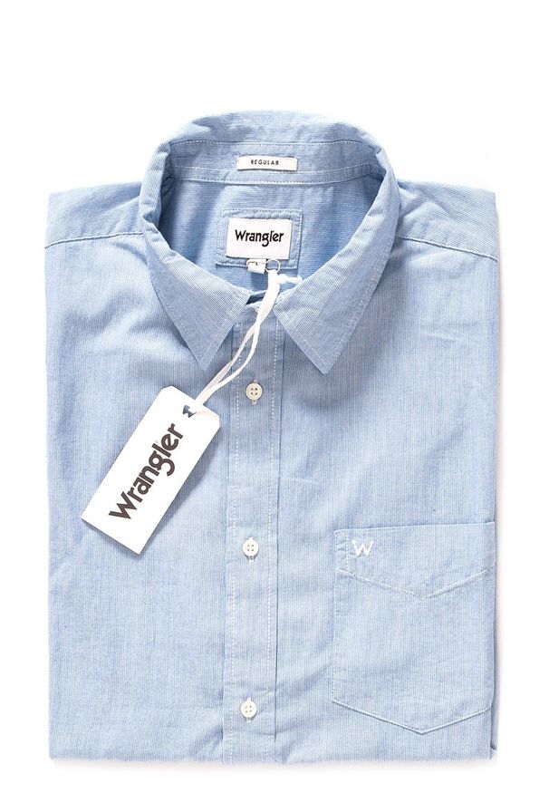 Wrangler - KOSZULA WRANGLER SS 1PKT SHIRT TURKISH SEA W58604M86 112129485. Długość rękawa: krótki rękaw. Długość: krótkie. Wzór: paski