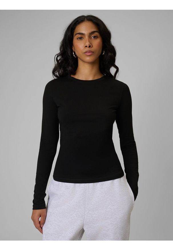 4f - 4F Longsleeve slim gładki damski - czarny XS. Okazja: na co dzień. Kolor: czarny. Materiał: dzianina, elastan, bawełna. Długość rękawa: długi rękaw. Wzór: gładki. Styl: casual, klasyczny