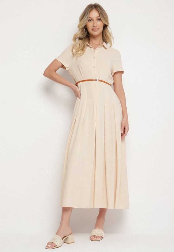 Born2be - Beżowa Wiskozowa Sukienka o Koszulowym Fasonie z Wąskim Paskiem Fillamea. Kolor: beżowy. Materiał: wiskoza. Wzór: aplikacja. Typ sukienki: koszulowe. Styl: elegancki