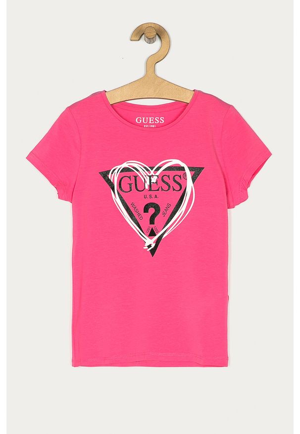 Guess - T-shirt dziecięcy 116-175 cm. Okazja: na co dzień. Kolor: różowy. Materiał: bawełna, dzianina, elastan. Wzór: nadruk. Styl: casual