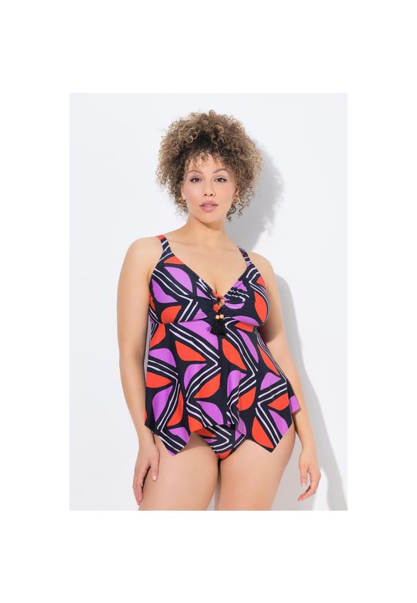 ULLA POPKEN - Damskie Tankini graficzny nadruk miękkie miseczki z recyklingu. Kolekcja: plus size. Kolor: czarny. Materiał: elastan, poliamid, materiał. Wzór: nadruk