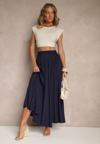 Renee - Granatowa Spódnica o Rozkloszowanym Kroju z Wiskozy Lunafina. Okazja: na co dzień. Kolor: niebieski. Materiał: wiskoza. Styl: sportowy, klasyczny, casual
