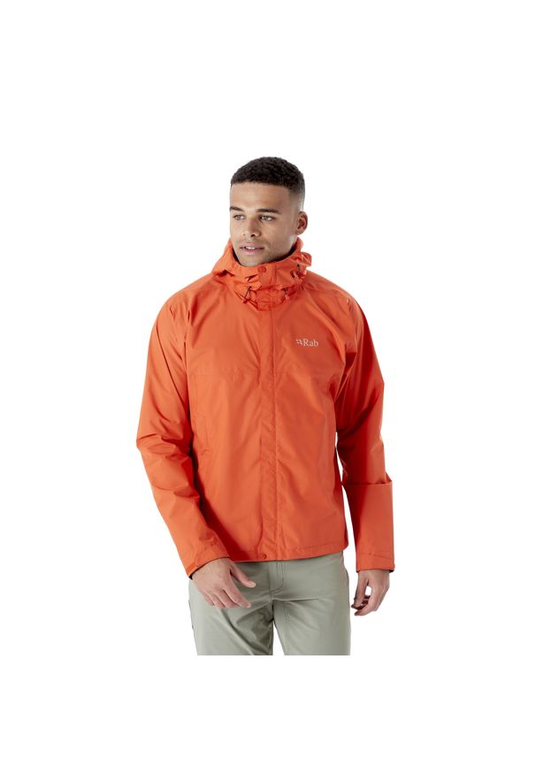 Kurtka przeciwdeszczowa męska Rab Downpour Eco Jacket z kapturem. Typ kołnierza: kaptur. Kolor: pomarańczowy
