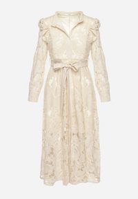 Born2be - Beżowa Koronkowa Sukienka z Paskiem w Talii i Falbanką Nicasta. Okazja: na co dzień. Typ kołnierza: kołnierzyk stójkowy. Kolor: beżowy. Materiał: koronka. Długość rękawa: długi rękaw. Typ sukienki: proste. Styl: casual, elegancki #4