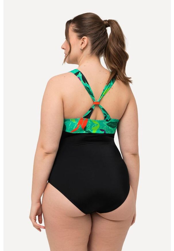 ULLA POPKEN - Damski Strój kąpielowy dekolt typu halter miękkie miseczki wiązanie. Kolekcja: plus size. Kolor: czarny. Materiał: poliester, elastan, poliamid, materiał