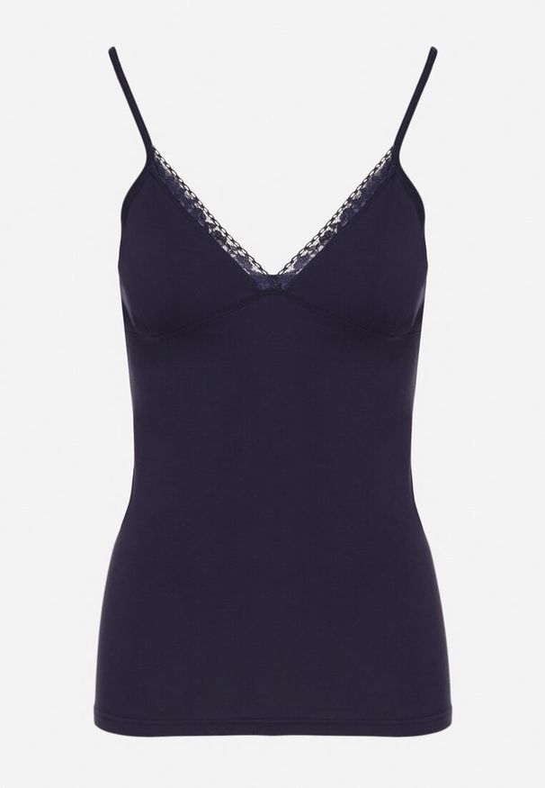 Born2be - Granatowy Bawełniany Top z Trójkątnym Dekoltem Arilwin. Okazja: na co dzień, na spacer. Kolor: niebieski. Materiał: bawełna. Długość rękawa: na ramiączkach. Styl: casual, elegancki