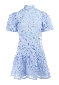 Born2be - Jasnoniebieska Sukienka Cilleis. Typ kołnierza: kołnierzyk stójkowy. Kolor: niebieski. Materiał: koronka. Wzór: ażurowy, aplikacja, koronka. Styl: elegancki. Długość: mini #4