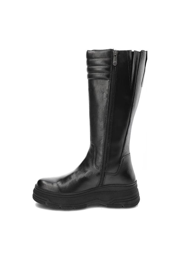 Czarne Kozaki Marco Tozzi Wygodne Skórzane Buty Damskie. Okazja: na co dzień. Kolor: czarny. Materiał: skóra. Szerokość cholewki: normalna. Obcas: na obcasie. Styl: casual, elegancki. Wysokość obcasa: niski