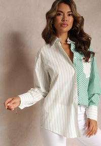 Renee - Zielono-Biała Koszula Oversize w Paski Issele. Kolor: biały. Materiał: materiał. Wzór: paski. Styl: elegancki #3