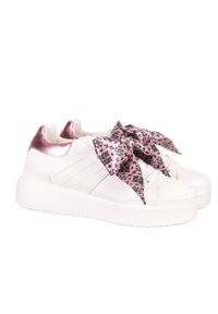 Pollini - POLLINI - Sneakersy z różową wstążką. Zapięcie: sznurówki. Kolor: biały. Materiał: guma #5