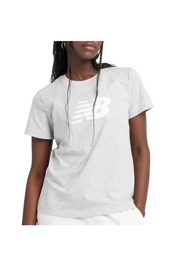 Koszulka New Balance WT43582AG - szara. Kolor: szary. Materiał: bawełna. Długość rękawa: krótki rękaw. Długość: krótkie