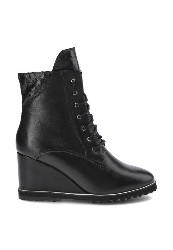 Czarne Botki Libero Damskie Eleganckie Buty. Kolor: czarny. Materiał: skóra. Szerokość cholewki: normalna. Wzór: motyw zwierzęcy. Obcas: na koturnie
