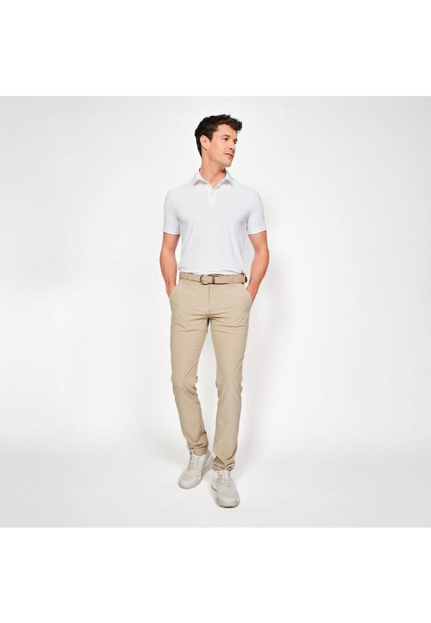 INESIS - Koszulka polo do golfa z krótkim rękawem męska Inesis WW900. Typ kołnierza: golf, polo. Kolor: biały. Materiał: poliamid, elastan, materiał. Długość rękawa: krótki rękaw. Długość: krótkie. Styl: sportowy