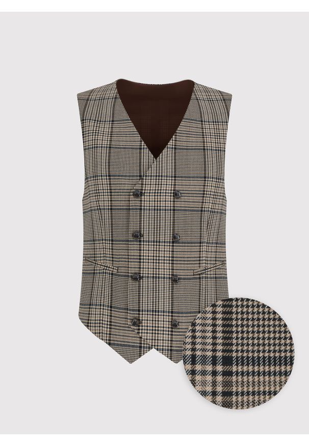 Pako Lorente - PAKO LORENTE – Brązowa dwurzędowa kamizelka męska w kratę. Kolor: brązowy. Materiał: wełna. Styl: elegancki