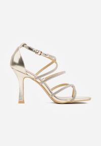 Born2be - Złote Sandały na Szpilce z Cyrkoniami i Kwadratowym Noskiem Vikirona. Zapięcie: sprzączka. Kolor: złoty. Wzór: aplikacja. Obcas: na szpilce. Styl: wizytowy #7