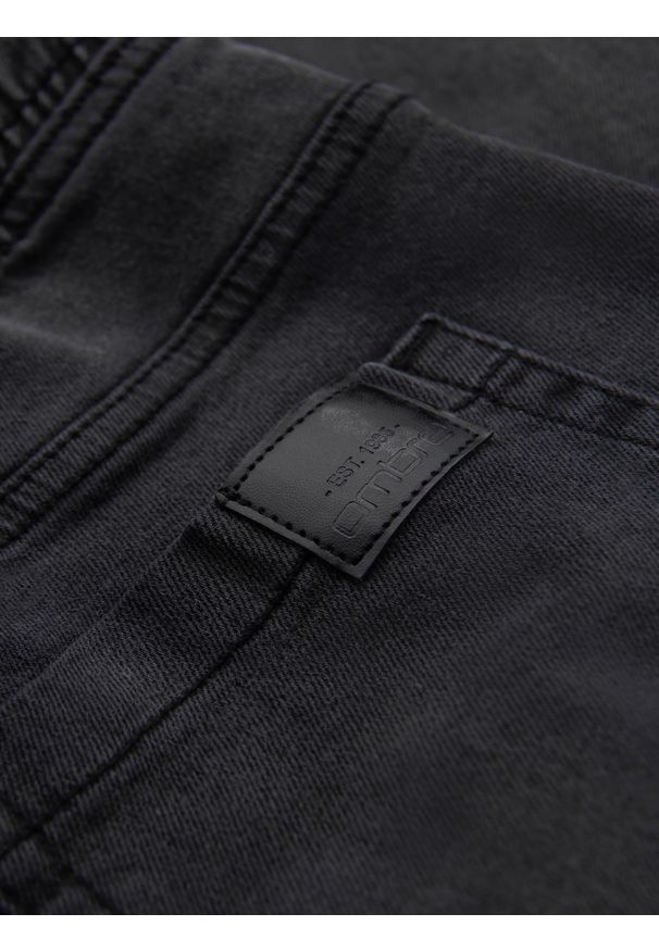 Ombre Clothing - Spodnie męskie JOGGERY jeansowe z efektem sprania - szare V3 - Rozmiar: XXL. Okazja: na co dzień. Kolor: szary. Materiał: jeans. Wzór: aplikacja. Styl: casual, elegancki