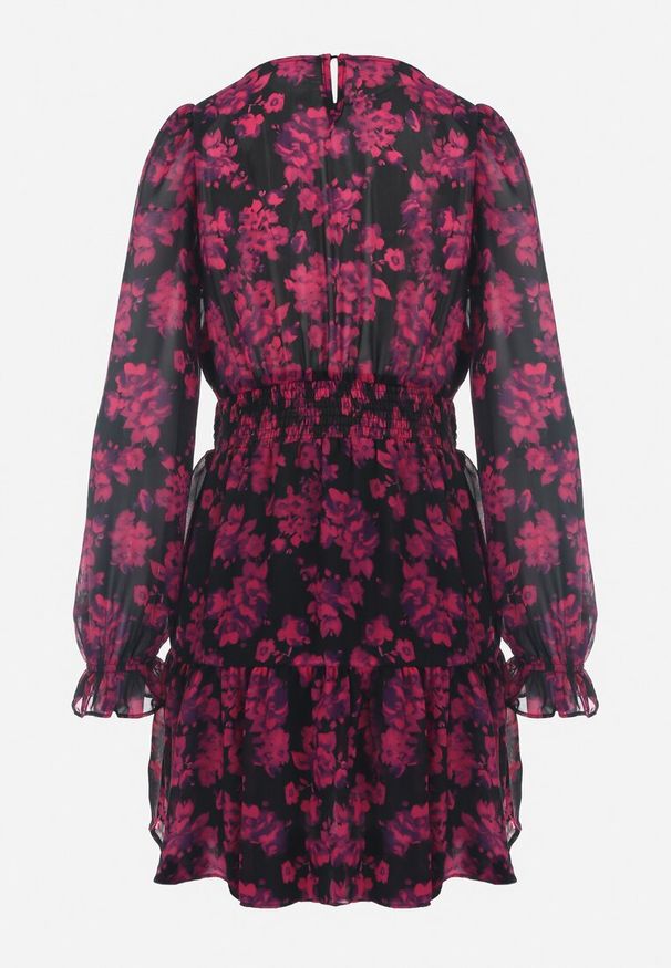 Born2be - Różowa Rozkloszowana Mini Sukienka w Kwiaty Ozdobiona Falbankami Jumiza. Typ kołnierza: kołnierz z falbankami. Kolor: różowy. Wzór: kwiaty, aplikacja. Długość: mini